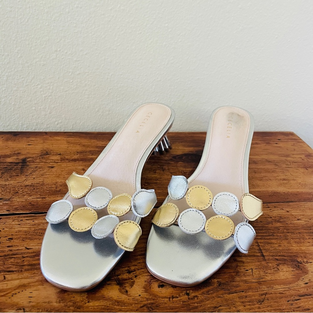 CECELIA NEW YORK Silver Slide Sandals with Gold and Silver Circle Accents